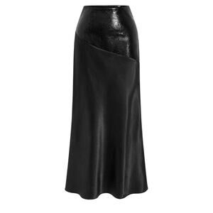 Commense Satin Maxi Skirt Faux Leather Asymmetric Panel Black L Quiet Luxury
